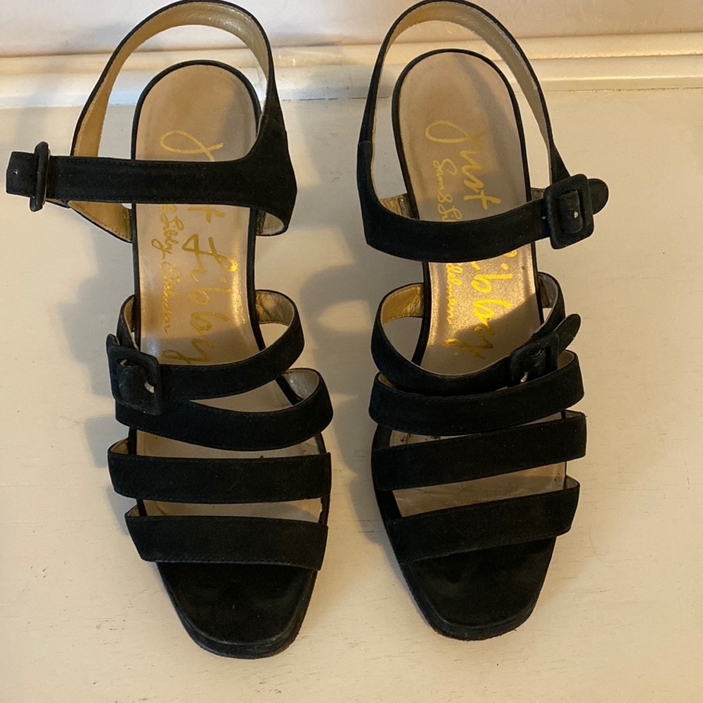Vintage SAM & LIBBY / JUST LIBBY Strappy Black Suede Heeled Sandal - Size 7.5M